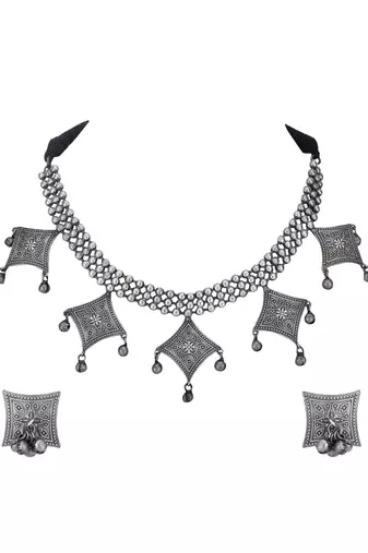 Elegant oxidised grey necklace set for women and girls