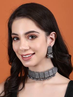 Classic oxidised grey necklace set for women and girls 1