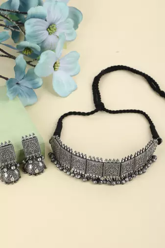 Classic oxidised grey necklace set for women and girls