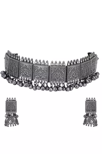 Classic oxidised grey necklace set for women and girls