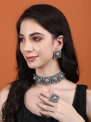 Classic oxidised grey necklace set for women and girls 1