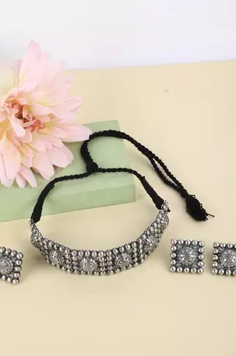 Classic oxidised grey necklace set for women and girls