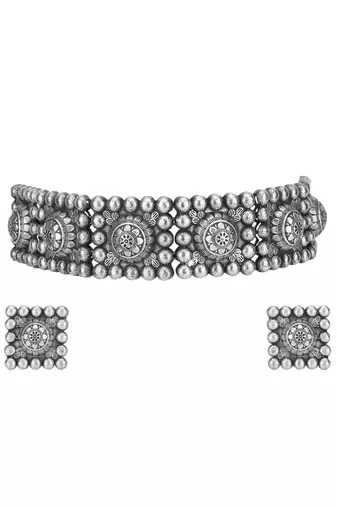 Classic oxidised grey necklace set for women and girls