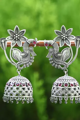 Elegant oxidised red and grey earring set for women and girls