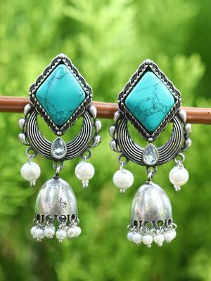 Elegant oxidised grey and blue earring set for women and girls 2
