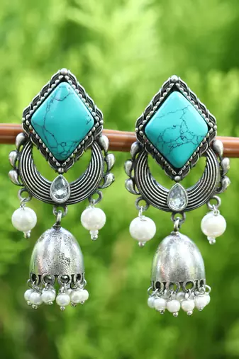 Elegant oxidised grey and blue earring set for women and girls