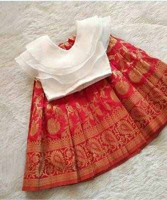 red weaved jacquard net kids lehenga 1