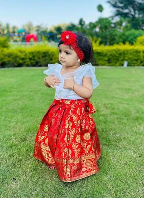 red weaved jacquard net kids lehenga 2
