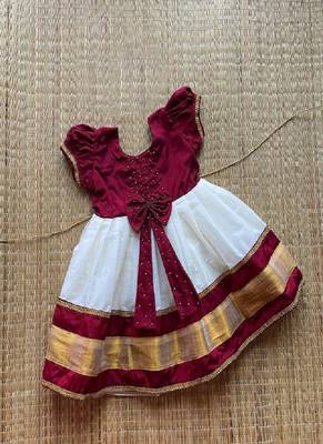 Maroon and White Cotton Silk Pearl Embroidered Frock 1