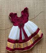 Maroon and White Cotton Silk Pearl Embroidered Frock
