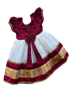 Maroon and White Cotton Silk Pearl Embroidered Frock 2