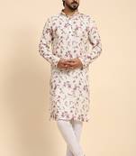 Off white colour beautifully printed festive wear premium linen fabric mens kurta