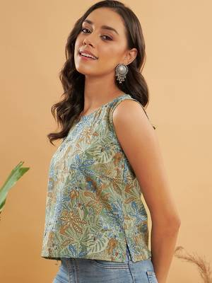 DULL GREEN LEAF FLORAL PRINT W/U TOP 2