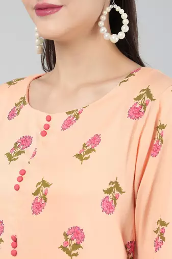 Anushil stylish and comfortable cotton kurti for women's and girls - allover printed roundneck design with show buttons