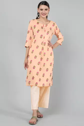 Anushil stylish and comfortable cotton kurti for women's and girls - allover printed roundneck design with show buttons