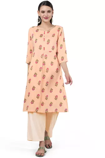 Anushil stylish and comfortable cotton kurti for women's and girls - allover printed roundneck design with show buttons