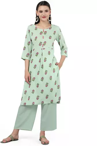 Anushil stylish and comfortable cotton kurti for women's and girls - allover printed roundneck design with show buttons