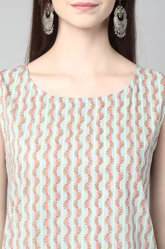 Anushil stylish and comfortable cotton kurti for women's and girls - allover printed roundneck sleeveless