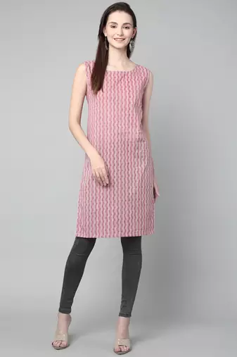 Anushil stylish and comfortable cotton kurti for women's and girls - allover printed roundneck sleeveless