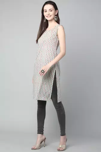 Anushil stylish and comfortable cotton kurti for women's and girls - allover printed roundneck sleeveless