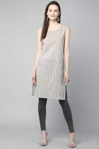 Anushil stylish and comfortable cotton kurti for women's and girls - allover printed roundneck sleeveless