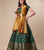 Green Brocade Fabric Lehenga & Unstitched Blouse With Dupatta