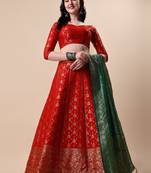 Red Brocade Fabric Lehenga & Unstitched Blouse With Dupatta