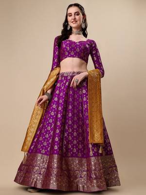 Purple Brocade Fabric Lehenga & Unstitched Blouse With Dupatta 1