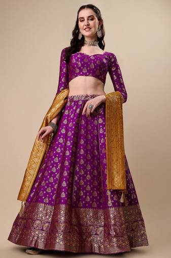 Embroidered Elegant Top And Brocade Lehenga With Matching Net Dupatta And Brocade Potli Bag main image 1