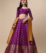 Purple Brocade Fabric Lehenga & Unstitched Blouse With Dupatta
