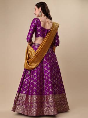 Purple Brocade Fabric Lehenga & Unstitched Blouse With Dupatta 2