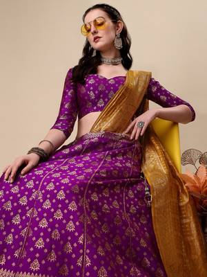Purple Brocade Fabric Lehenga & Unstitched Blouse With Dupatta 3