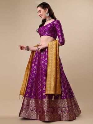 Purple Brocade Fabric Lehenga & Unstitched Blouse With Dupatta 4