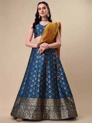 Rama Brocade Fabric Lehenga & Unstitched Blouse With Dupatta 1