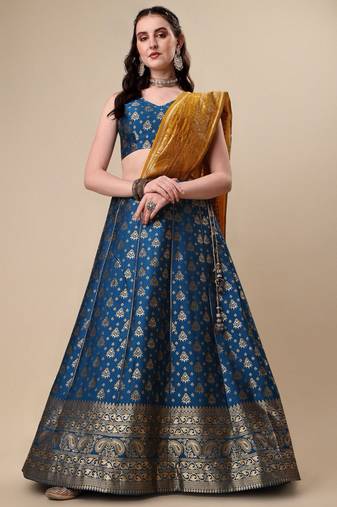 Embroidered Elegant Top And Brocade Lehenga With Matching Net Dupatta And Brocade Potli Bag