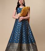 Rama Brocade Fabric Lehenga & Unstitched Blouse With Dupatta
