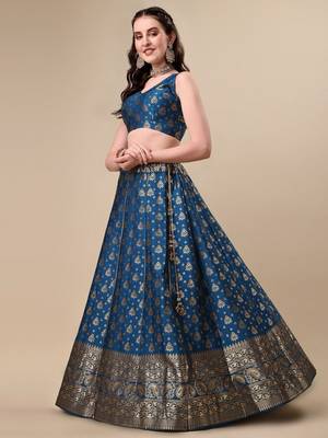 Rama Brocade Fabric Lehenga & Unstitched Blouse With Dupatta 2