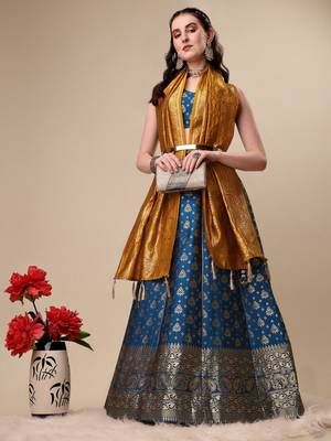 Rama Brocade Fabric Lehenga & Unstitched Blouse With Dupatta 3