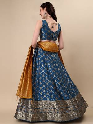Rama Brocade Fabric Lehenga & Unstitched Blouse With Dupatta 4