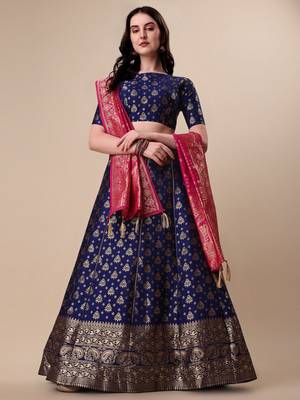 Blue Brocade Fabric Lehenga & Unstitched Blouse With Dupatta 1