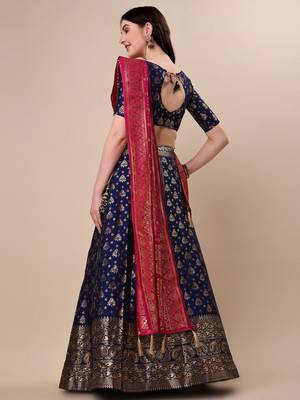 Blue Brocade Fabric Lehenga & Unstitched Blouse With Dupatta 2