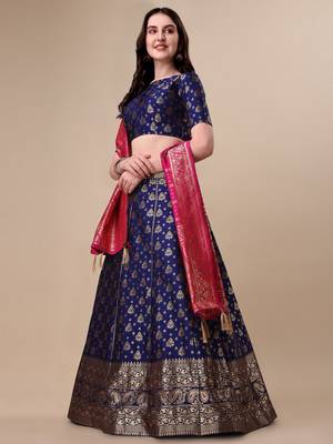 Blue Brocade Fabric Lehenga & Unstitched Blouse With Dupatta 3