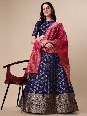 Blue Brocade Fabric Lehenga & Unstitched Blouse With Dupatta 4