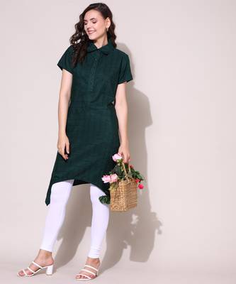 Anushil stylish checkered lurex cotton kurti for women's and girls - shirt collar long side 1