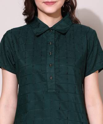 Anushil stylish checkered lurex cotton kurti for women's and girls - shirt collar long side 2