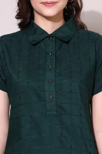 Anushil stylish checkered lurex cotton kurti for women's and girls - shirt collar long side