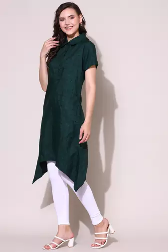 Anushil stylish checkered lurex cotton kurti for women's and girls - shirt collar long side