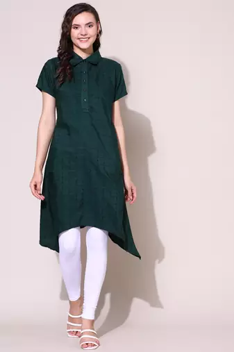 Anushil stylish checkered lurex cotton kurti for women's and girls - shirt collar long side