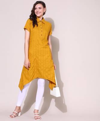 Anushil stylish checkered lurex cotton kurti for women's and girls - shirt collar long side 1