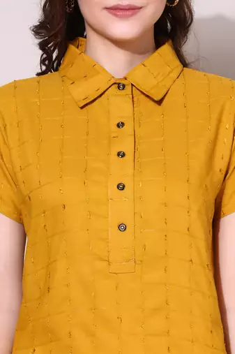 Anushil stylish checkered lurex cotton kurti for women's and girls - shirt collar long side